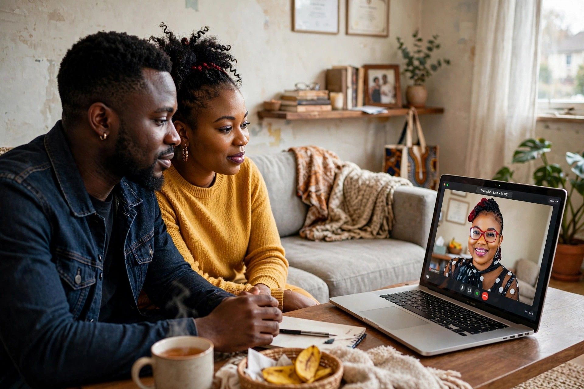 Couple in their space having session with an online couple therapist