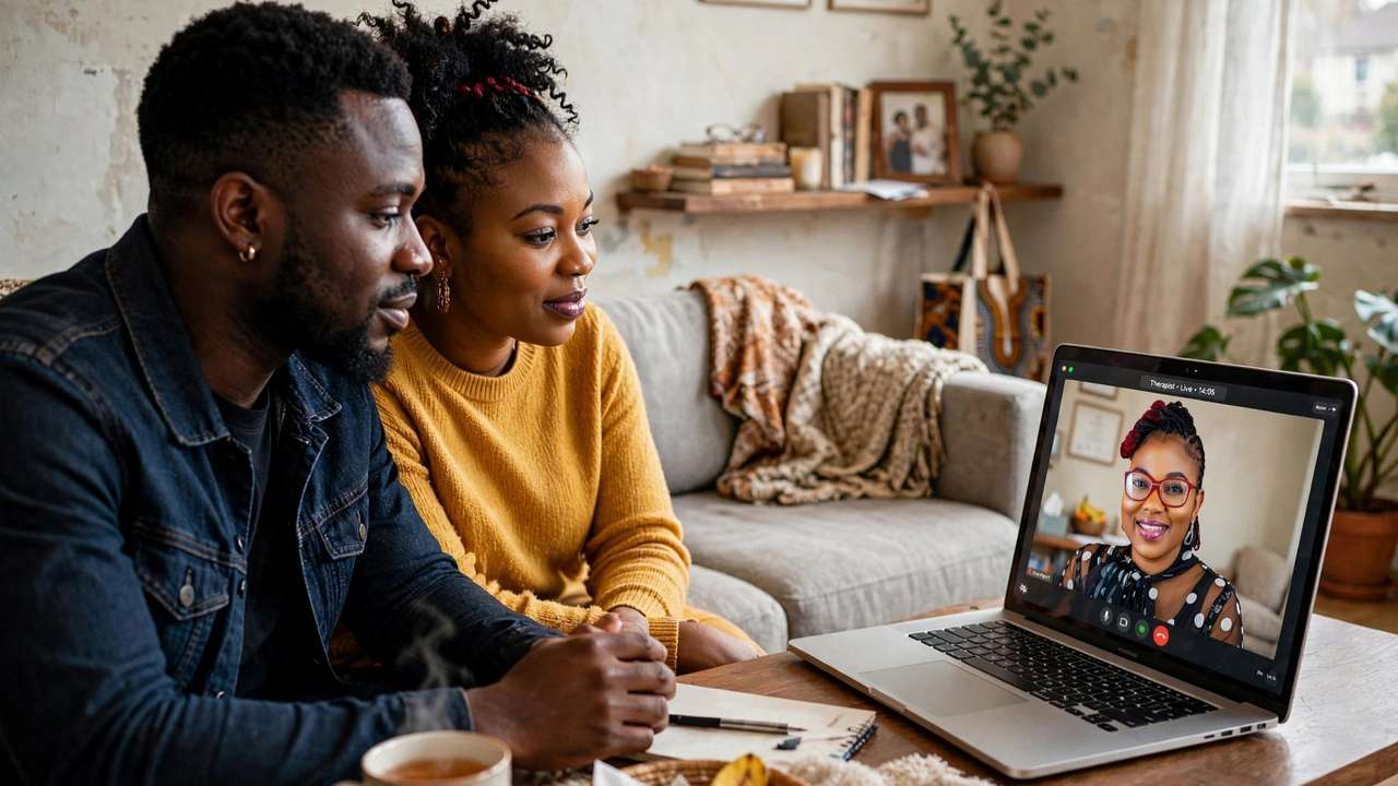 Couple in their space having session with an online couple therapist