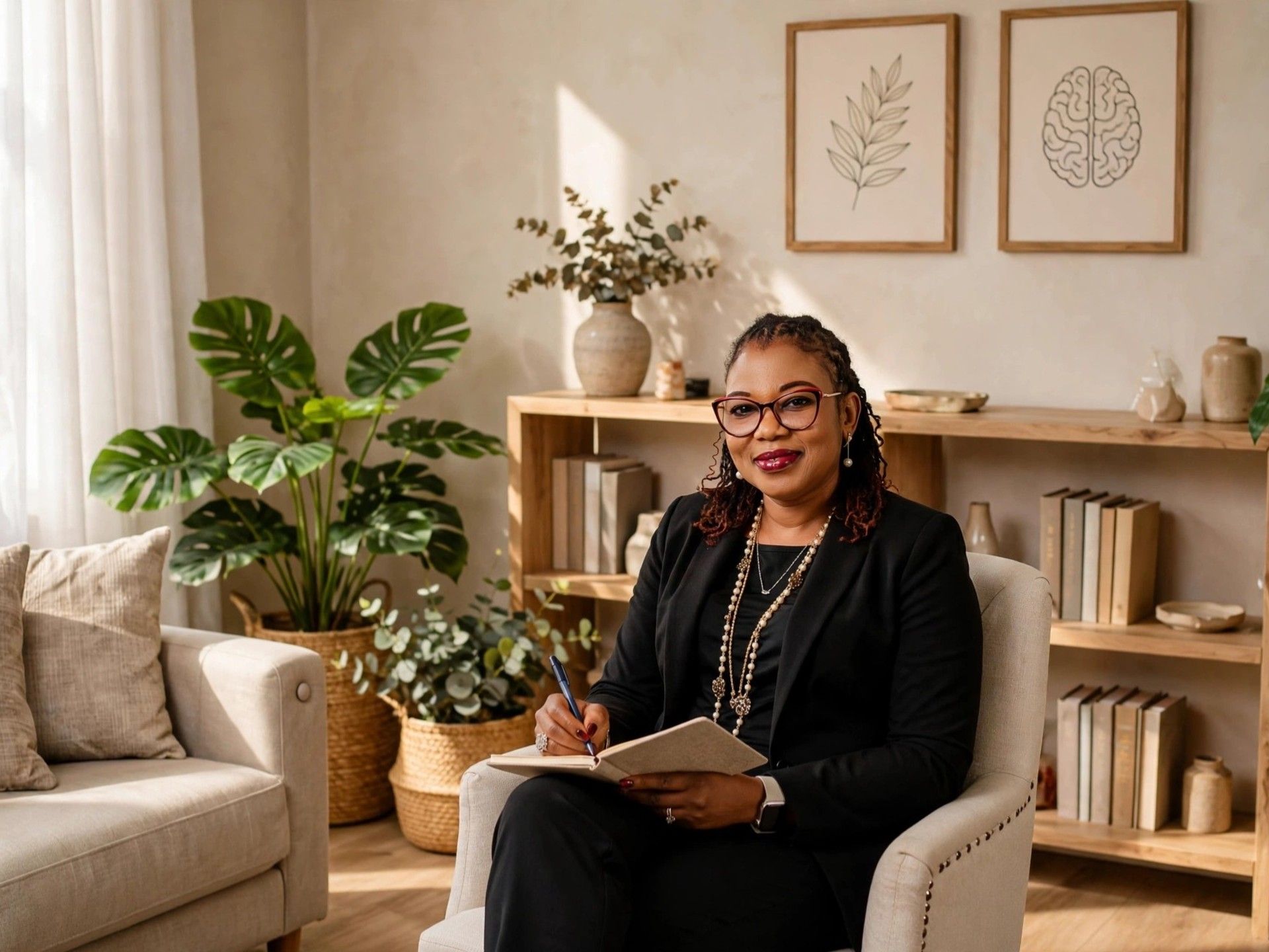 Therapist sitting in a calming therapy office