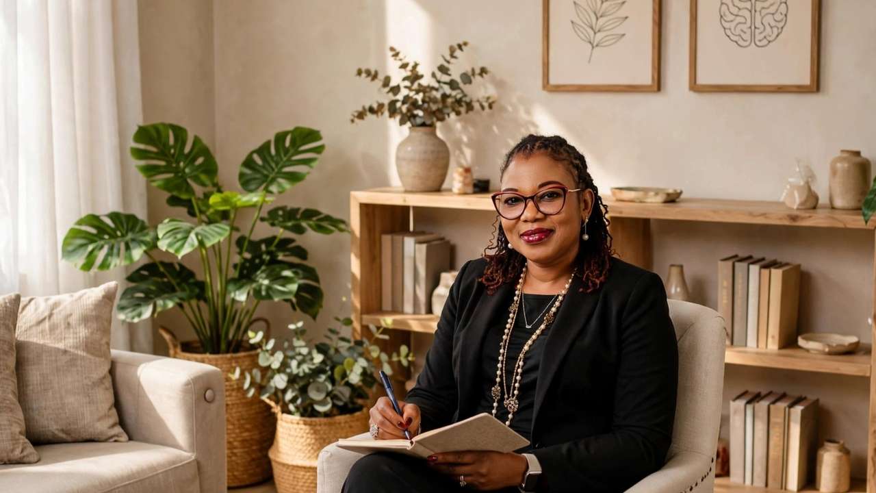 Therapist sitting in a calming therapy office
