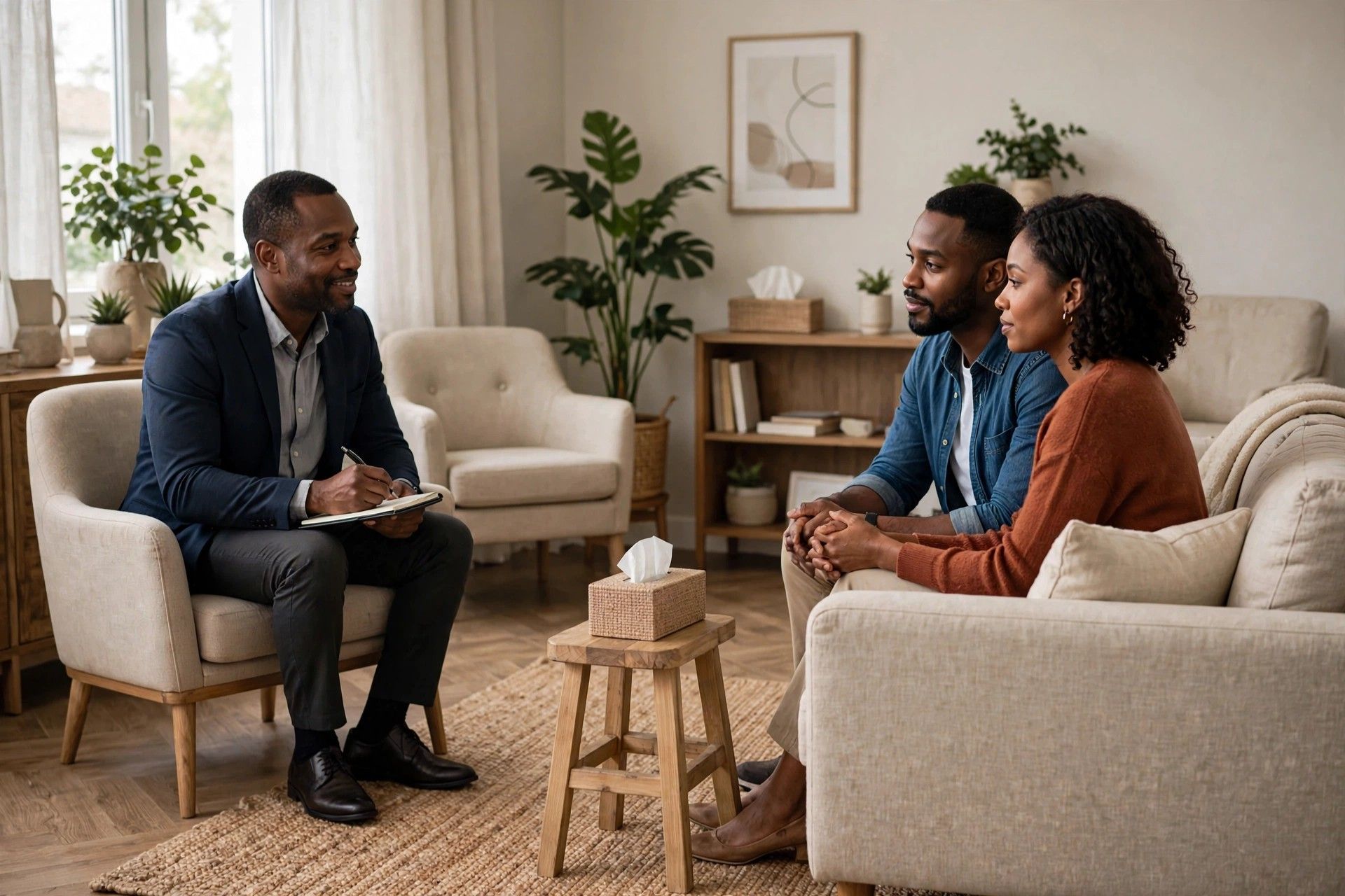 A young couple in a calm premarital counselling session