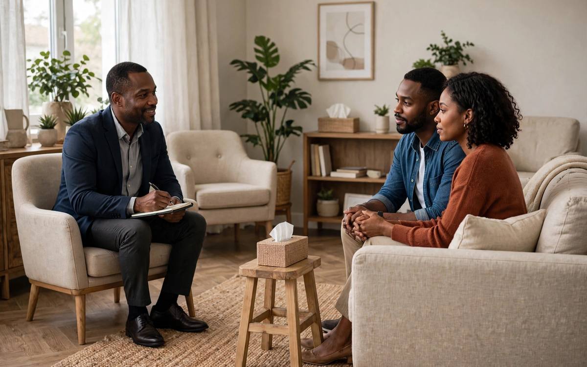 A young couple in a calm premarital counselling session
