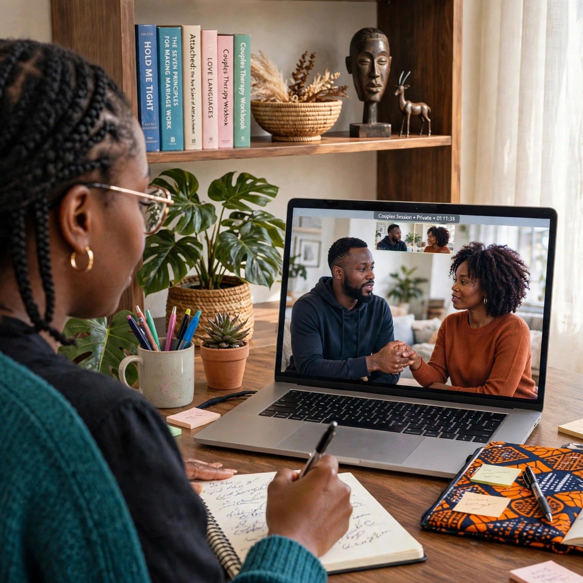 A happy couple holding hands in an online couple therapy session