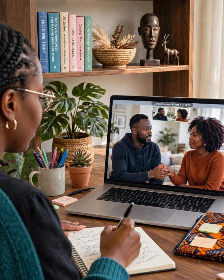A happy couple holding hands in an online couple therapy session