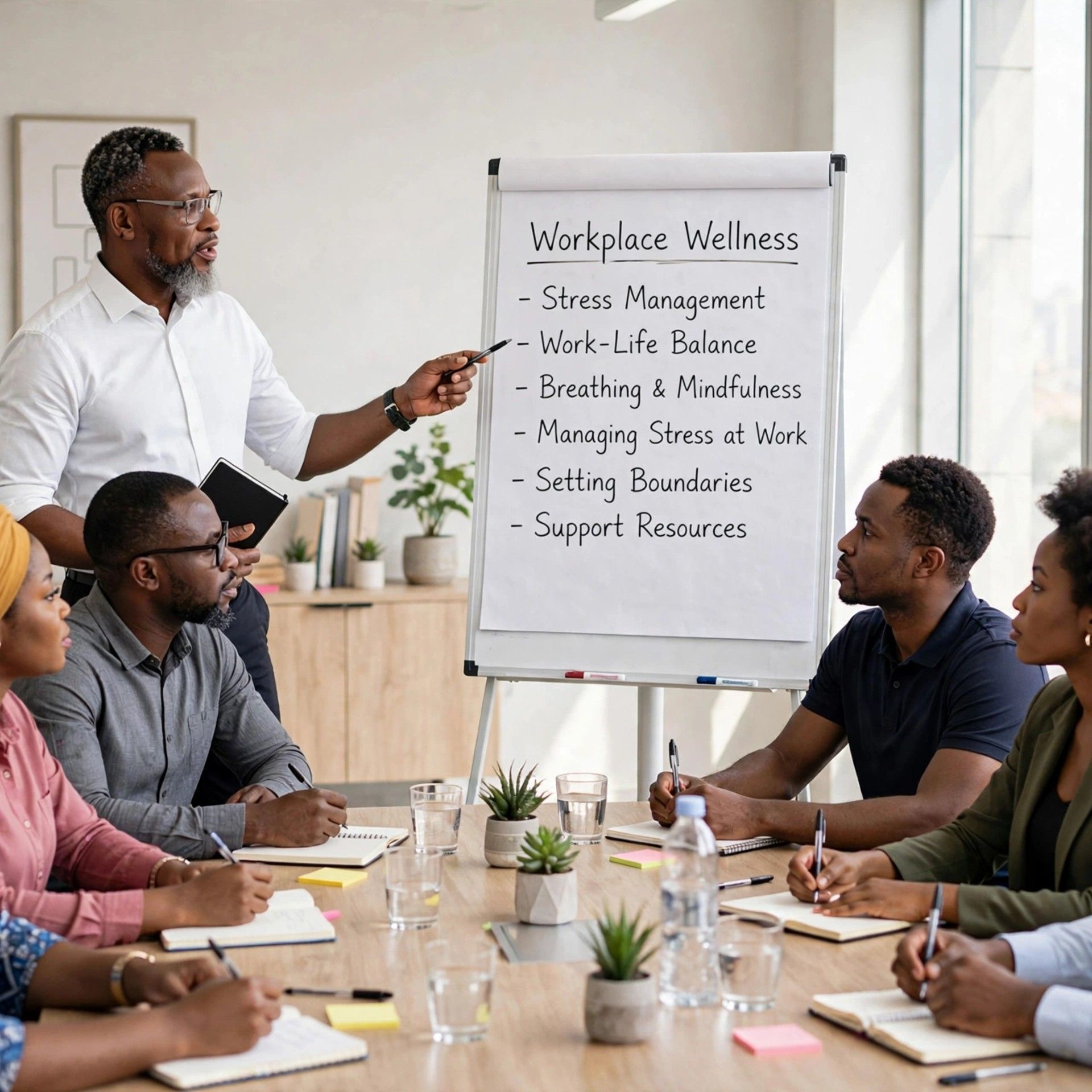 A male professional therapist in a calm workplace counselling conversation