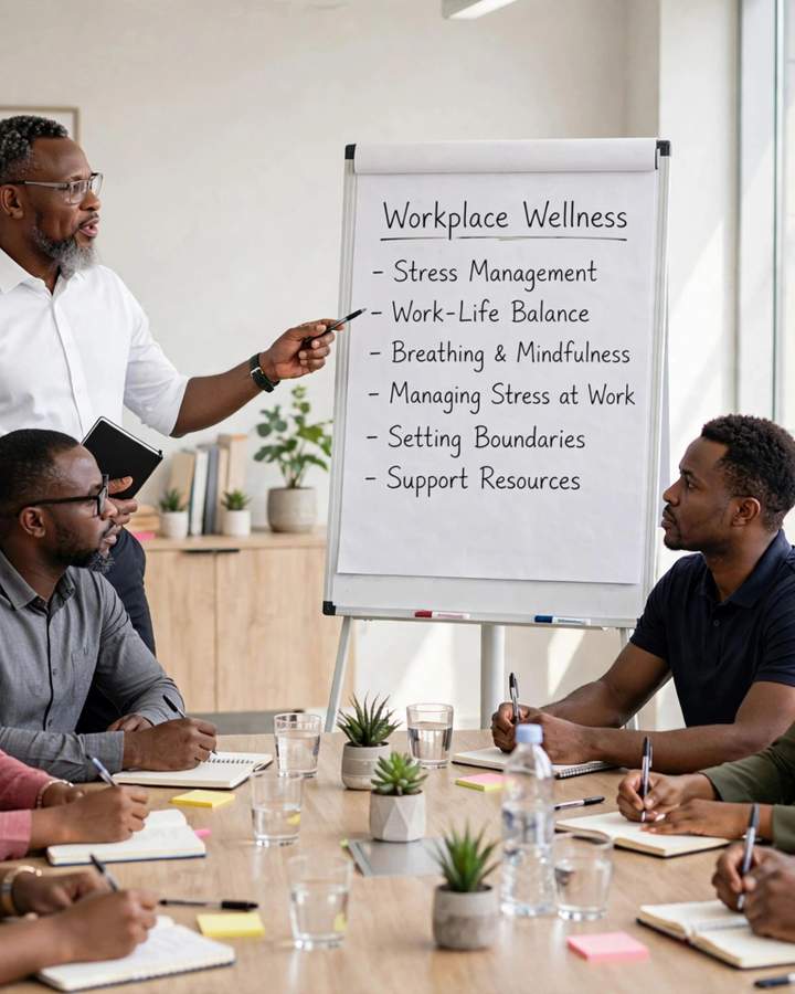 A male professional therapist in a calm workplace counselling conversation