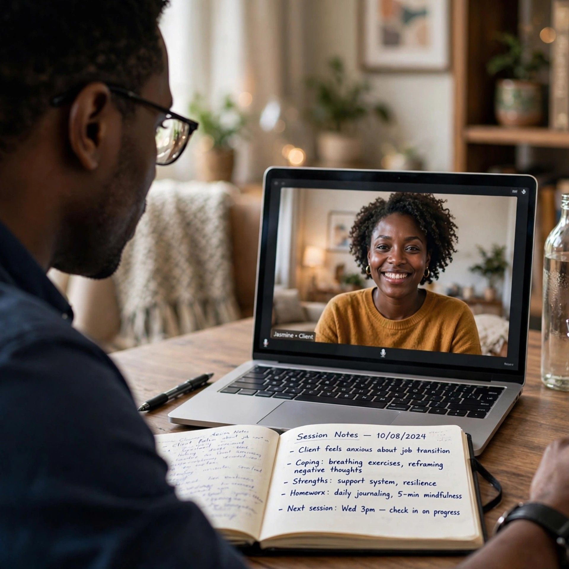 A male therapist and client in a warm one-to-one online counselling session