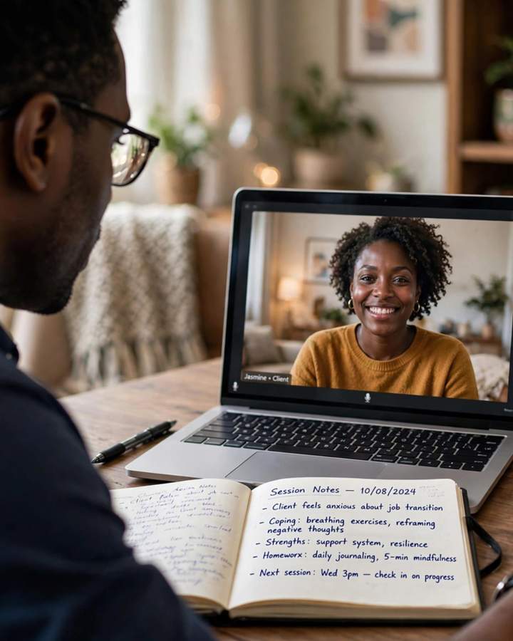 A male therapist and client in a warm one-to-one online counselling session