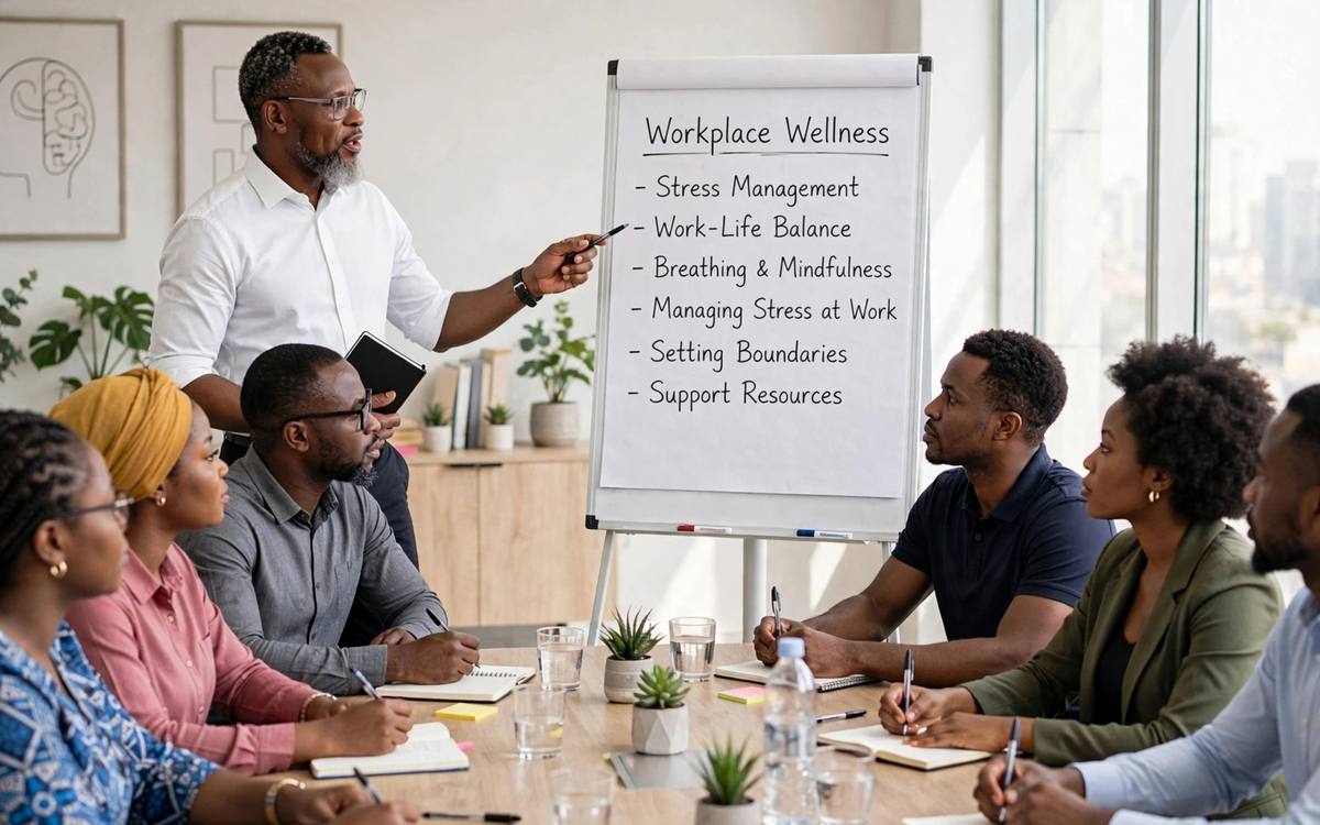 A male professional in a calm workplace counselling conversation