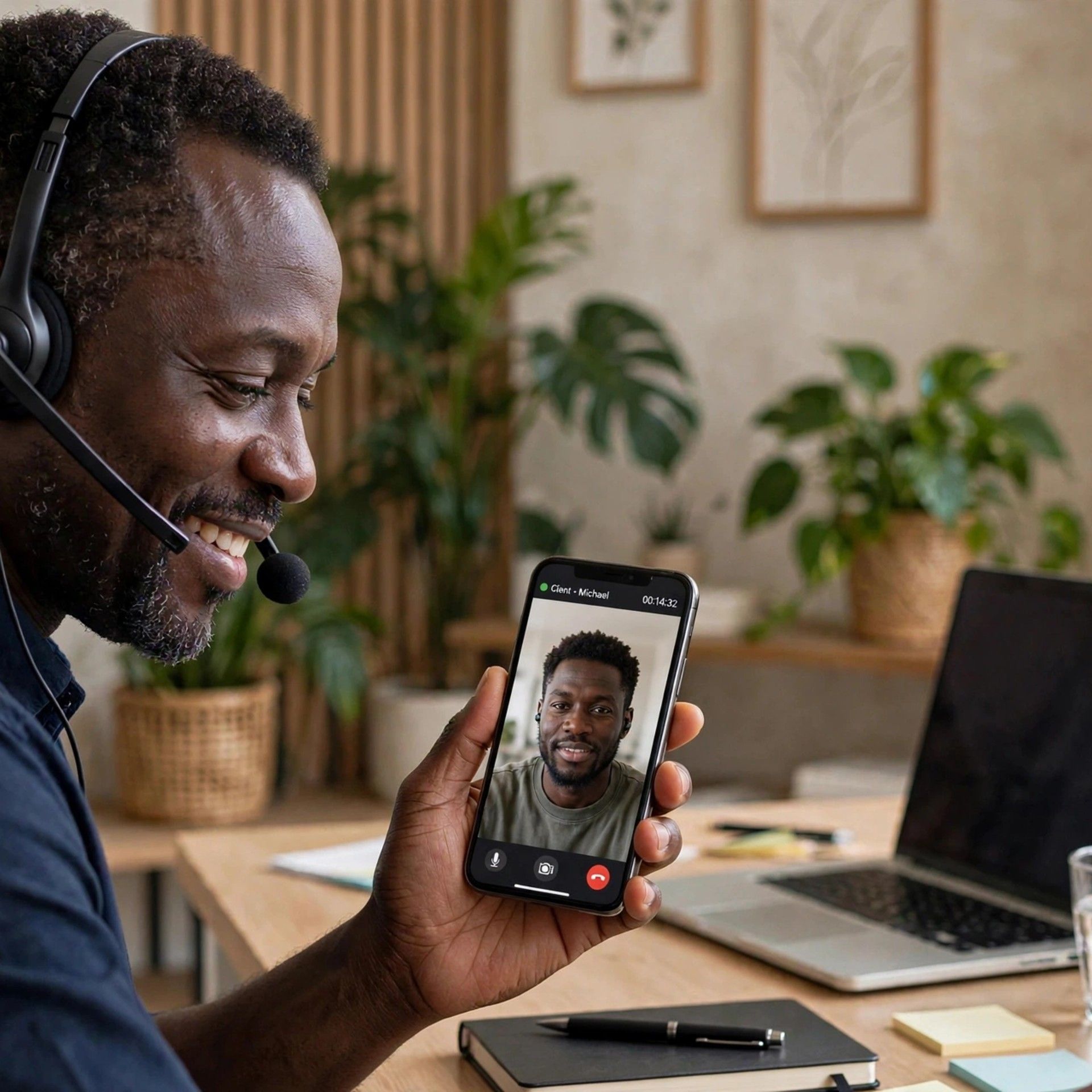 Care team on clarity call with a new client on video call