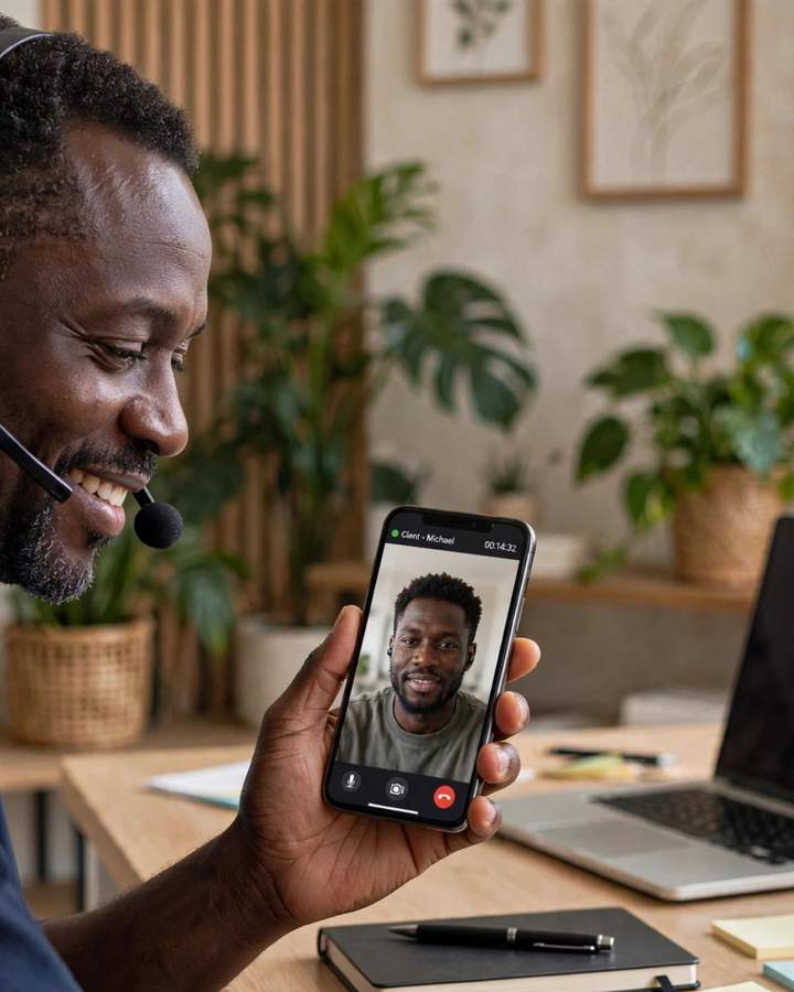 Care team on clarity call with a new client on video call