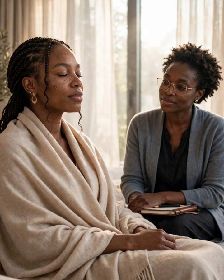 A client receiving trauma and PTSD counselling support.
