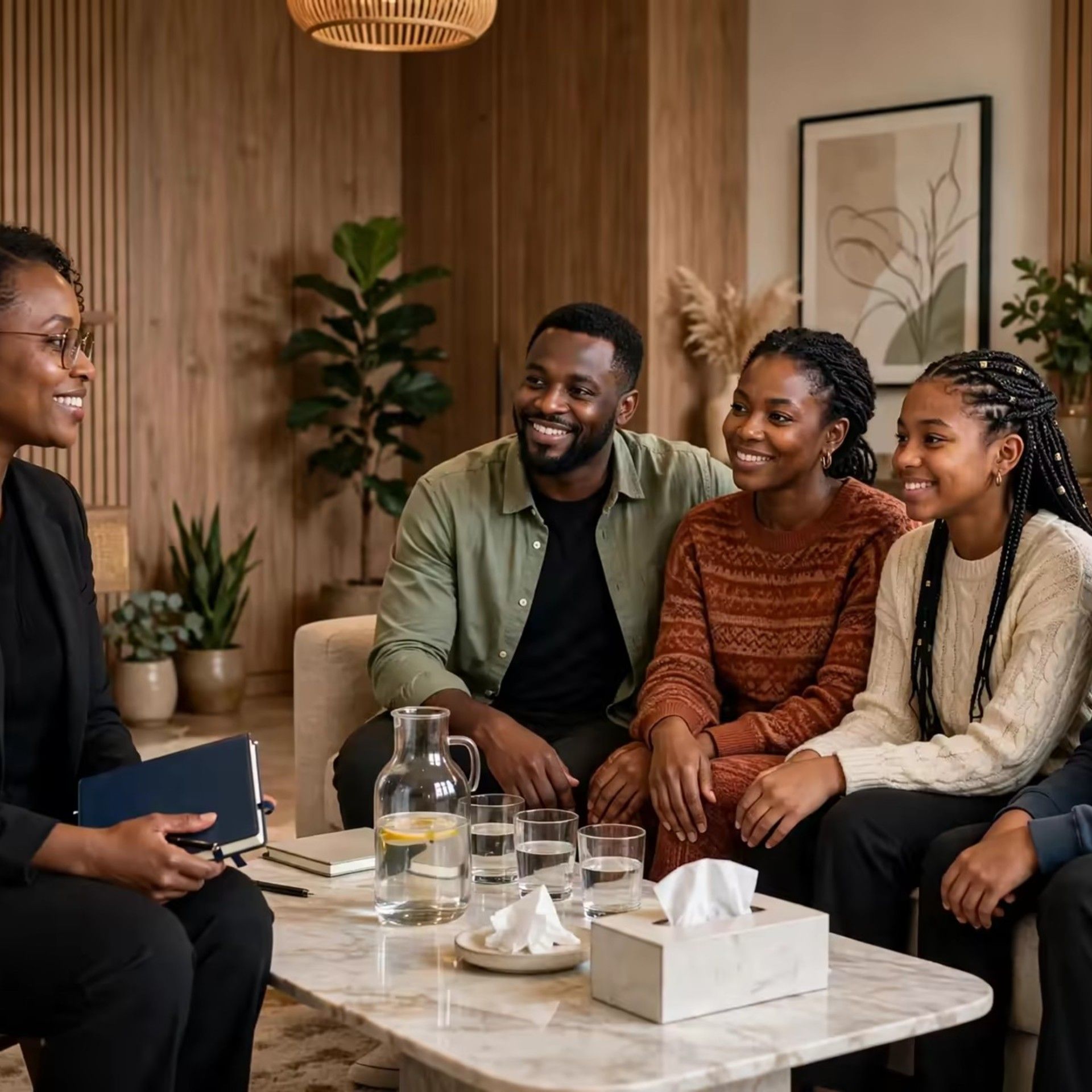 Family therapy in a welcoming counselling setting.