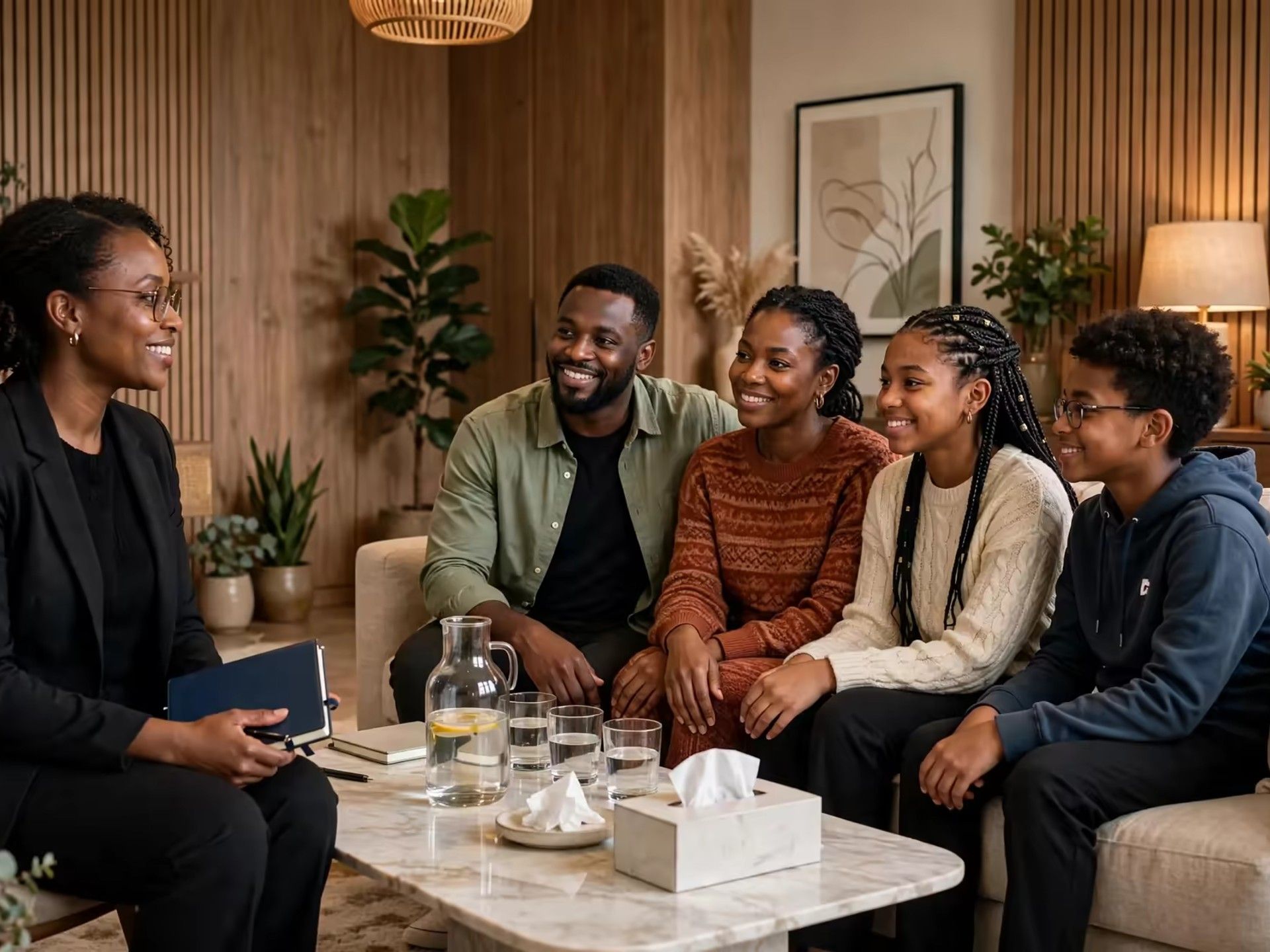 Family therapy in a welcoming counselling setting.