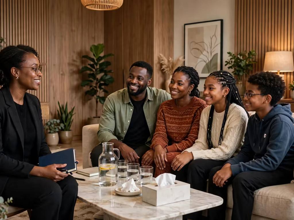 Family therapy in a welcoming counselling setting.