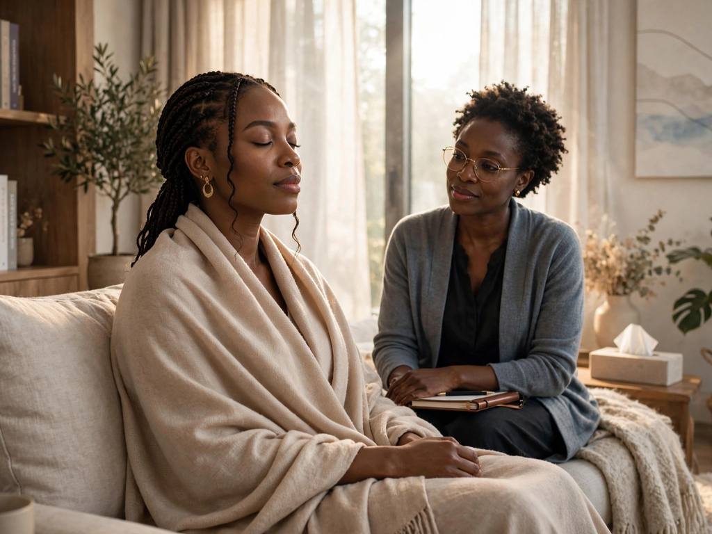 A client receiving trauma and PTSD counselling support.