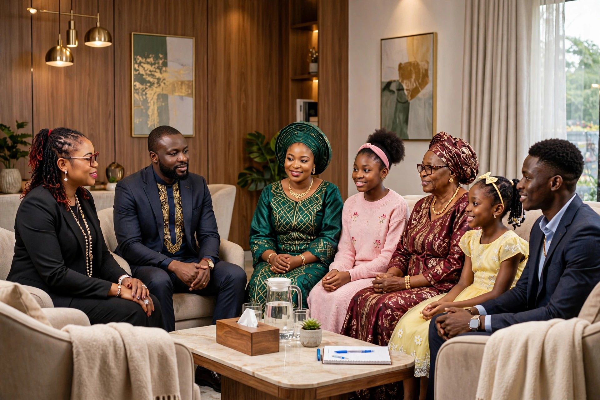 Family therapy in a welcoming counselling setting.