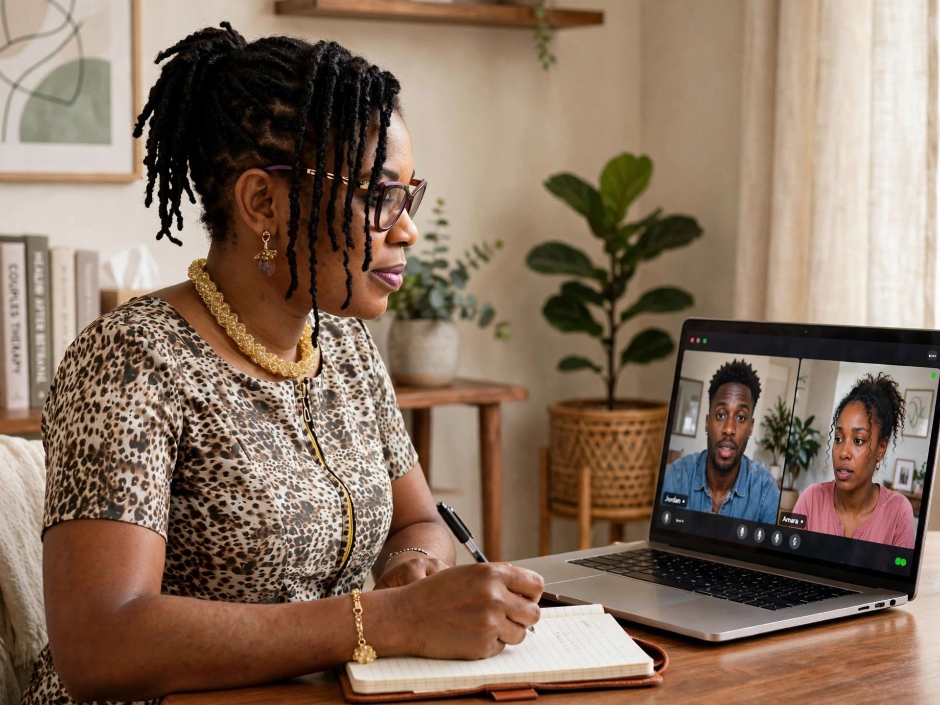 A young couple having an online couple therapy session