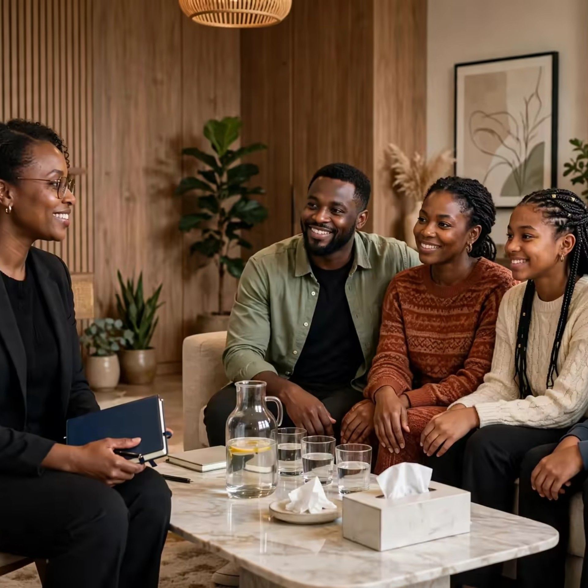 An African family seated together in a warm family therapy session