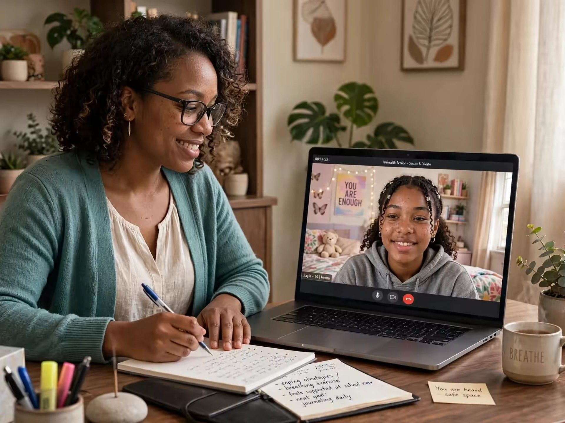 A teen in a one-on-one therapy session with a female therapist