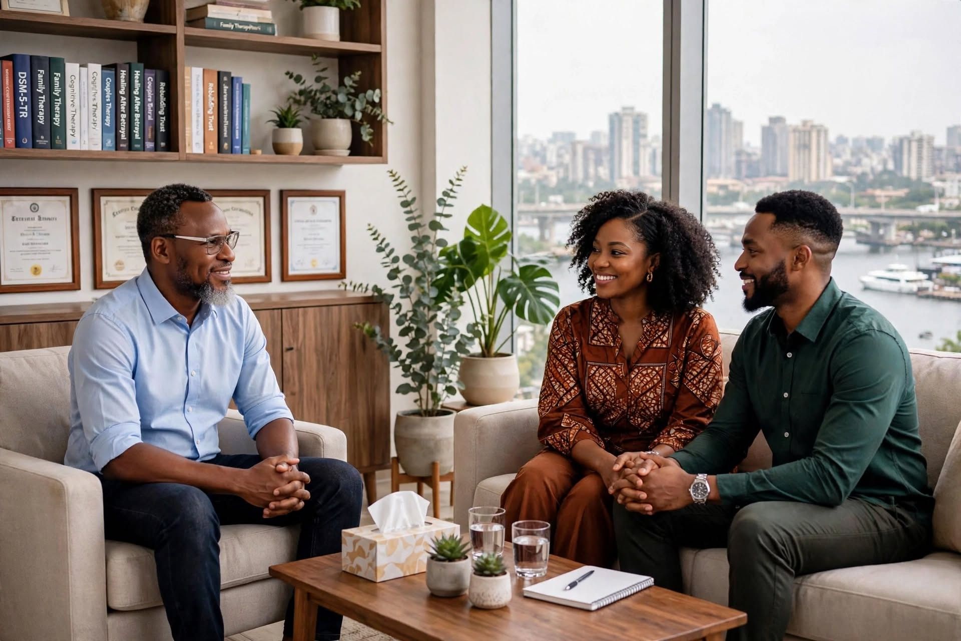 A therapist smiling with a couple holding hands during face-to-face couple counseling